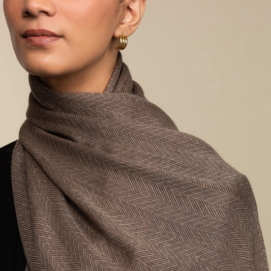 Brown Herringbone Cashmere and Vicuña Wool Scarf